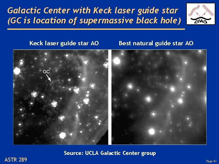 Galactic Center with Keck laser guide star (GC is location of supermassive black hole)