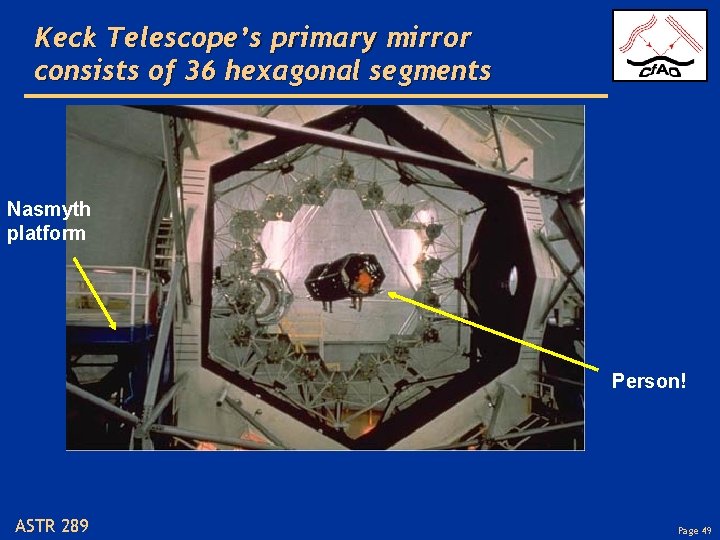 Keck Telescope’s primary mirror consists of 36 hexagonal segments Nasmyth platform Person! ASTR 289