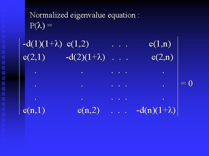 Normalized eigenvalue equation : P(λ) = -d(1)(1+λ) e(1, 2). . . e(1, n) e(2,