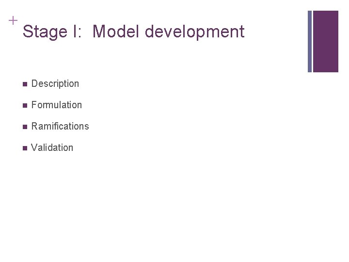 + Stage I: Model development n Description n Formulation n Ramifications n Validation + Stage I: Model development n Description n Formulation n Ramifications n Validation