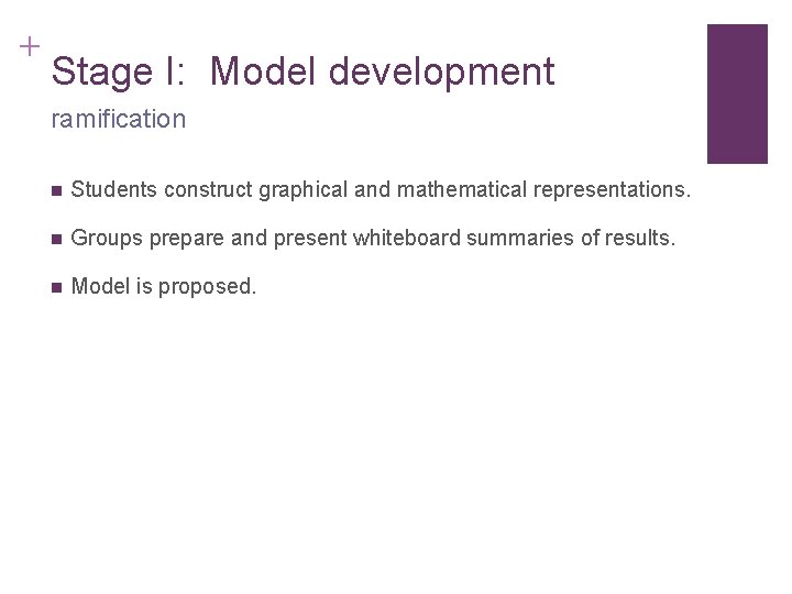 + Stage I: Model development ramification n Students construct graphical and mathematical representations. n + Stage I: Model development ramification n Students construct graphical and mathematical representations. n