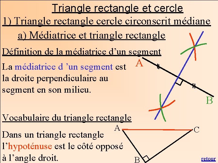 Triangle rectangle et cercle 1) Triangle rectangle cercle circonscrit médiane a) Médiatrice et triangle