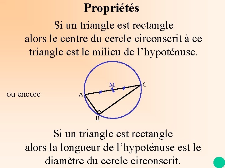 Propriétés Si un triangle est rectangle alors le centre du cercle circonscrit à ce