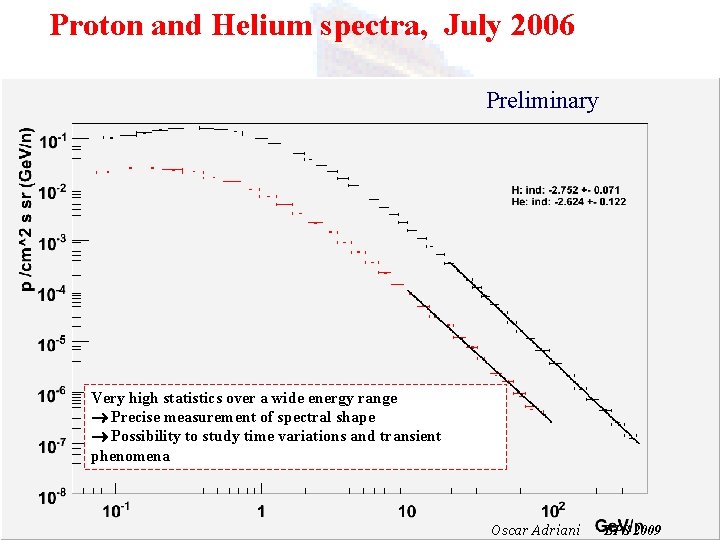 Proton and Helium spectra, July 2006 Preliminary Very high statistics over a wide energy