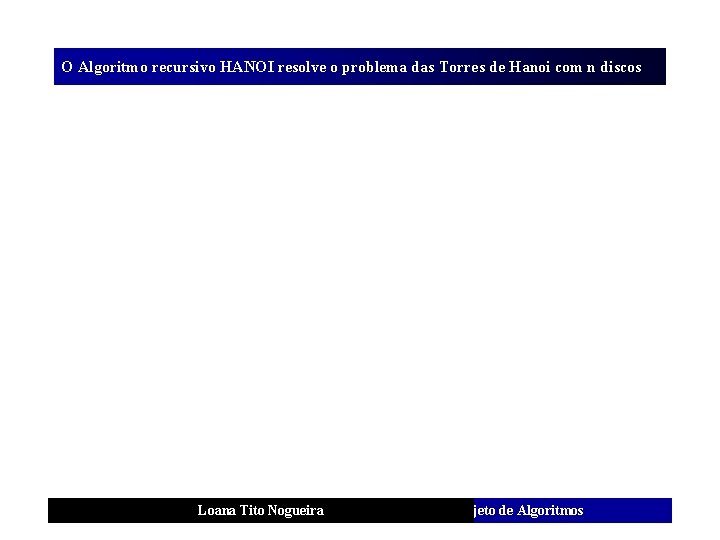 O Algoritmo recursivo HANOI resolve o problema das Torres de Hanoi com n discos