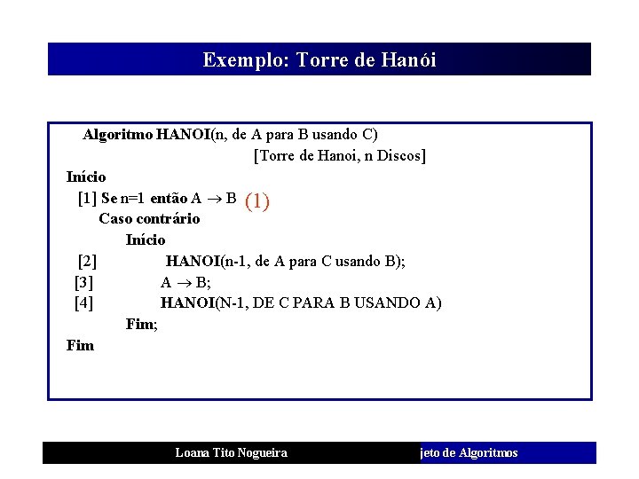 Exemplo: Torre de Hanói Algoritmo HANOI(n, de A para B usando C) [Torre de