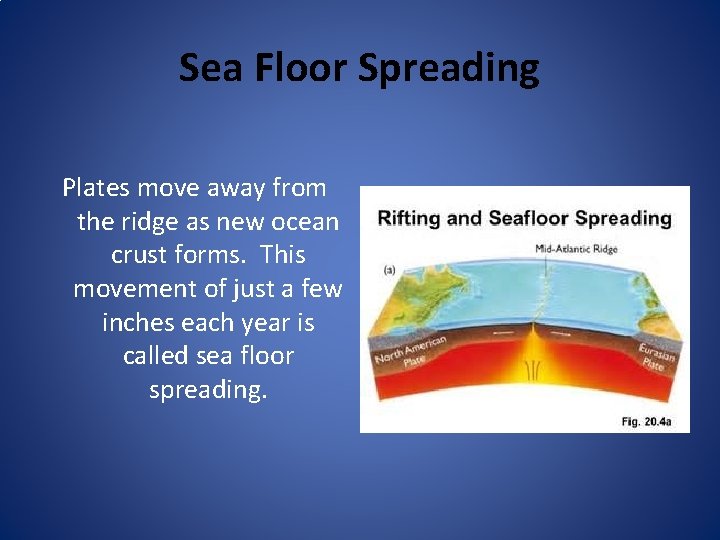 Sea Floor Spreading Plates move away from the ridge as new ocean crust forms.