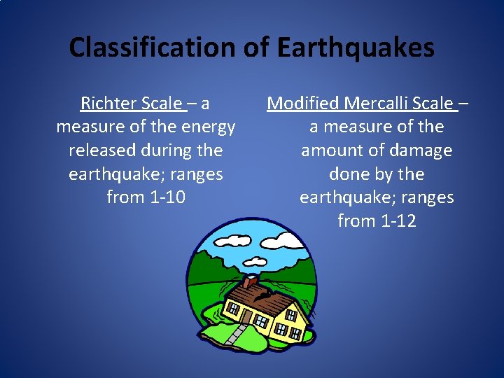 Classification of Earthquakes Richter Scale – a measure of the energy released during the