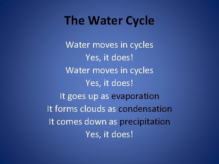 The Water Cycle Water moves in cycles Yes, it does! It goes up as