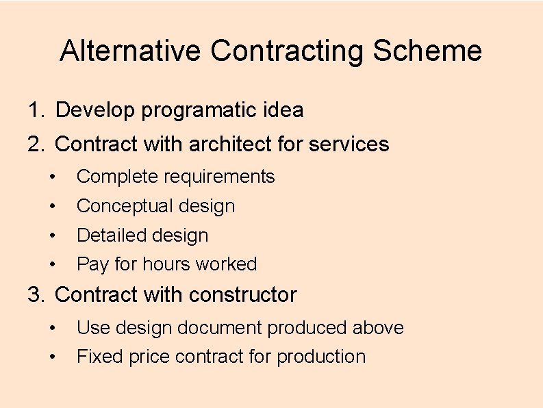 Alternative Contracting Scheme 1. Develop programatic idea 2. Contract with architect for services •