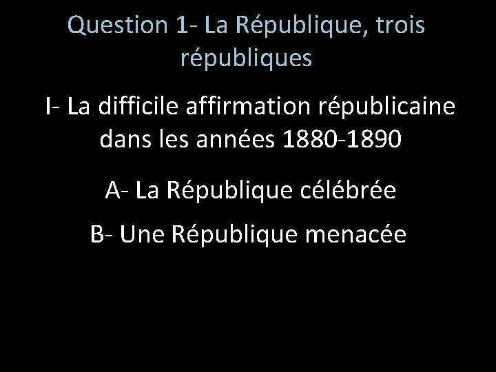 Question 1 - La République, trois républiques I- La difficile affirmation républicaine dans les