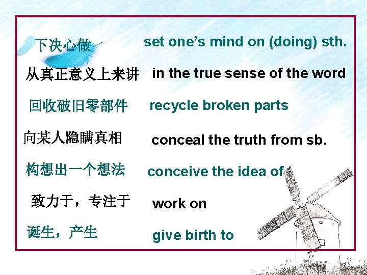 下决心做 set one’s mind on (doing) sth. 从真正意义上来讲 in the true sense of the