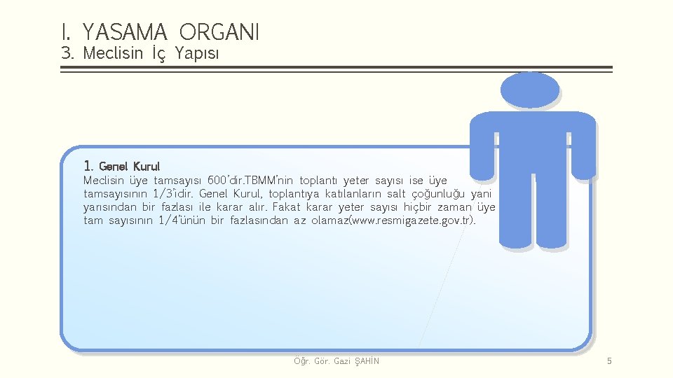 I. YASAMA ORGANI 3. Meclisin İç Yapısı 1. Genel Kurul Meclisin üye tamsayısı 600’dir.