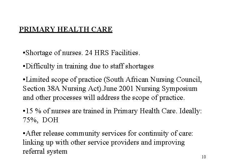 PRIMARY HEALTH CARE • Shortage of nurses. 24 HRS Facilities. • Difficulty in training