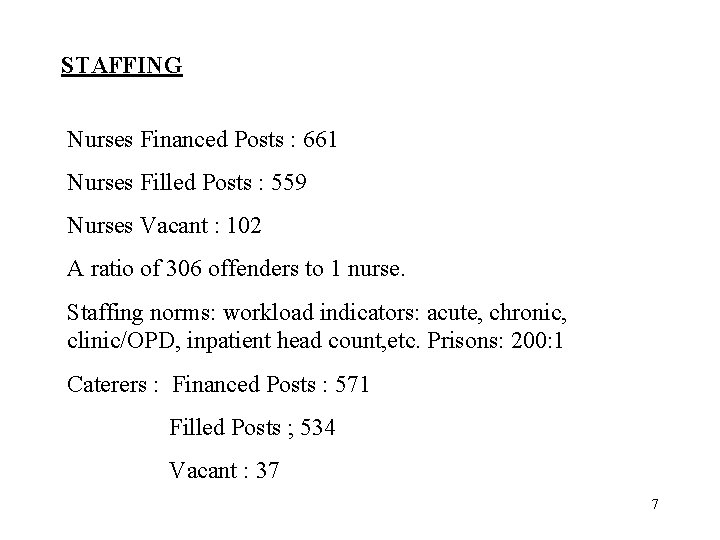 STAFFING Nurses Financed Posts : 661 Nurses Filled Posts : 559 Nurses Vacant :