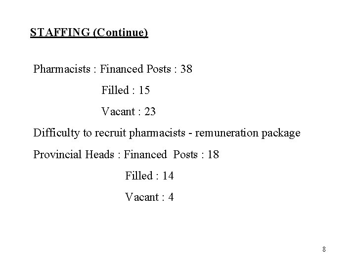 STAFFING (Continue) Pharmacists : Financed Posts : 38 Filled : 15 Vacant : 23