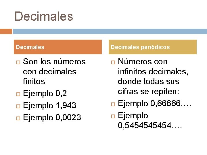 Decimales Son los números con decimales finitos Ejemplo 0, 2 Ejemplo 1, 943 Ejemplo