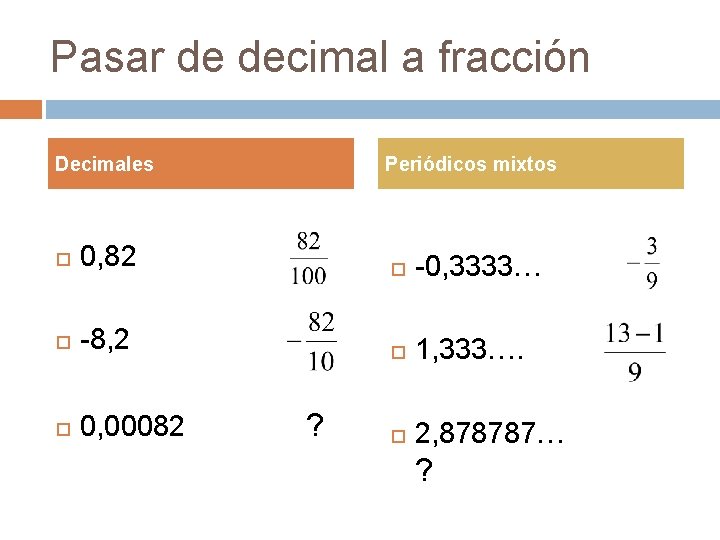 Pasar de decimal a fracción Decimales Periódicos mixtos 0, 82 -0, 3333… -8, 2