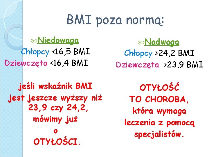 BMI poza normą: Niedowaga Chłopcy <16, 5 BMI Dziewczęta <16, 4 BMI jeśli wskaźnik