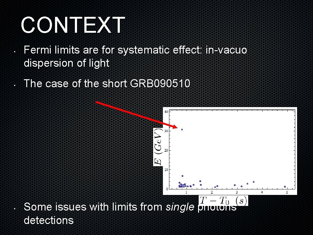 CONTEXT • • • Fermi limits are for systematic effect: in-vacuo dispersion of light