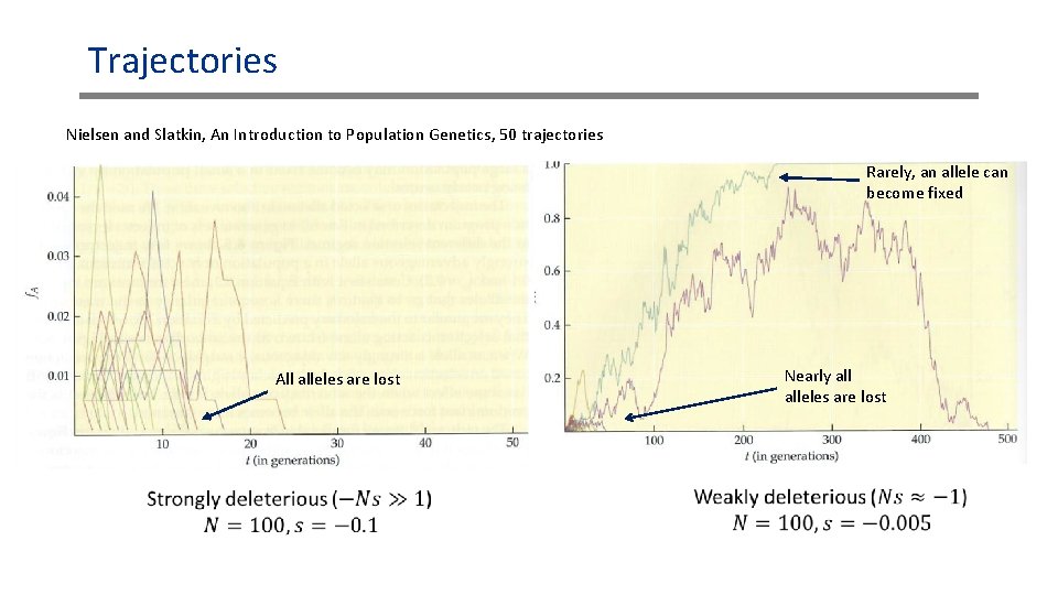 Trajectories Nielsen and Slatkin, An Introduction to Population Genetics, 50 trajectories Rarely, an allele Trajectories Nielsen and Slatkin, An Introduction to Population Genetics, 50 trajectories Rarely, an allele