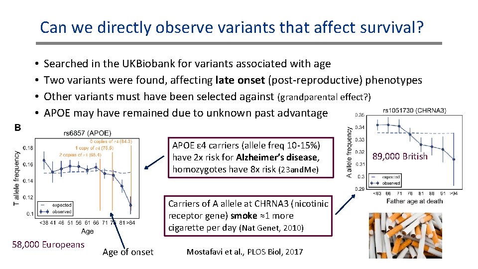 Can we directly observe variants that affect survival? • • Searched in the UKBiobank Can we directly observe variants that affect survival? • • Searched in the UKBiobank