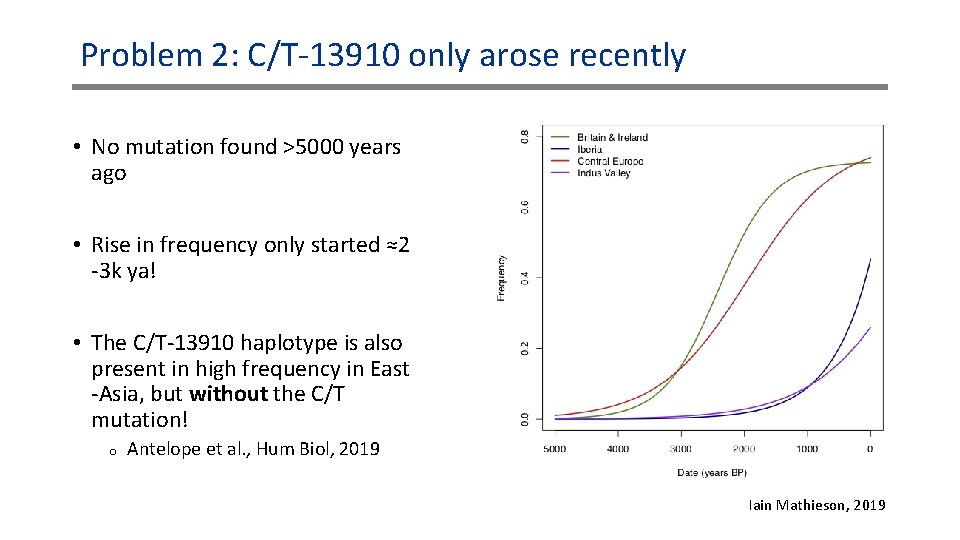 Problem 2: C/T-13910 only arose recently • No mutation found >5000 years ago • Problem 2: C/T-13910 only arose recently • No mutation found >5000 years ago •