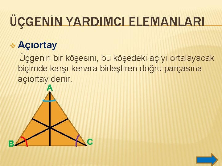 ÜÇGENİN YARDIMCI ELEMANLARI v Açıortay Üçgenin bir köşesini, bu köşedeki açıyı ortalayacak biçimde karşı