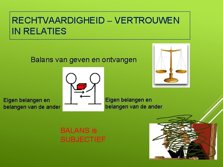 RECHTVAARDIGHEID – VERTROUWEN IN RELATIES Balans van geven en ontvangen Eigen belangen van de