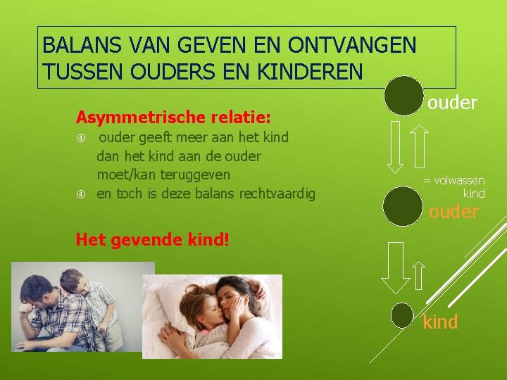 BALANS VAN GEVEN EN ONTVANGEN TUSSEN OUDERS EN KINDEREN Asymmetrische relatie: ouder geeft meer