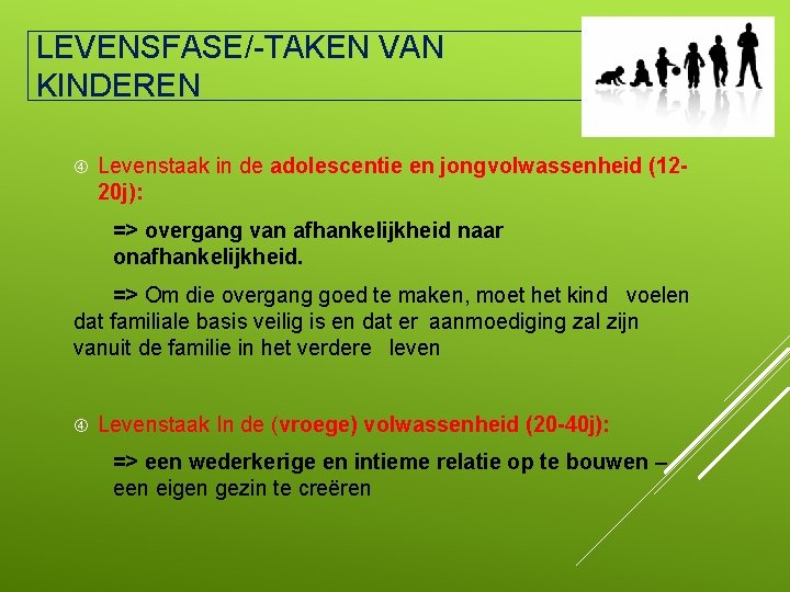 LEVENSFASE/-TAKEN VAN KINDEREN Levenstaak in de adolescentie en jongvolwassenheid (1220 j): => overgang van