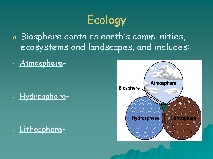 Ecology o Biosphere contains earth’s communities, ecosystems and landscapes, and includes: • Atmosphere- •