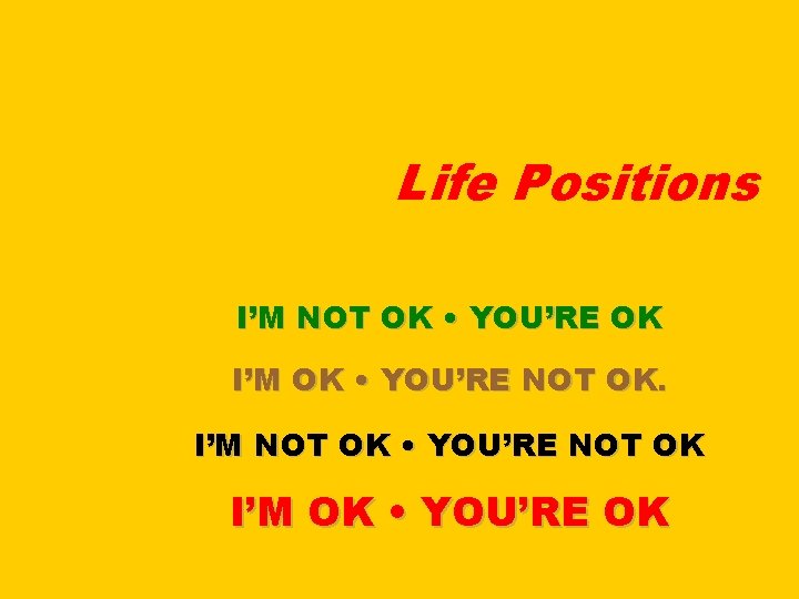 Life Positions I’M NOT OK • YOU’RE OK I’M OK • YOU’RE NOT OK.