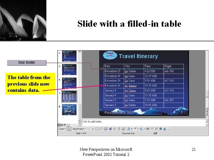 Slide with a filled-in table XP The table from the previous slide now contains