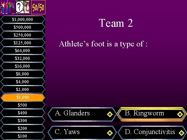 Team 2 $1, 000 $500, 000 $250, 000 $125, 000 $64, 000 Athlete’s foot