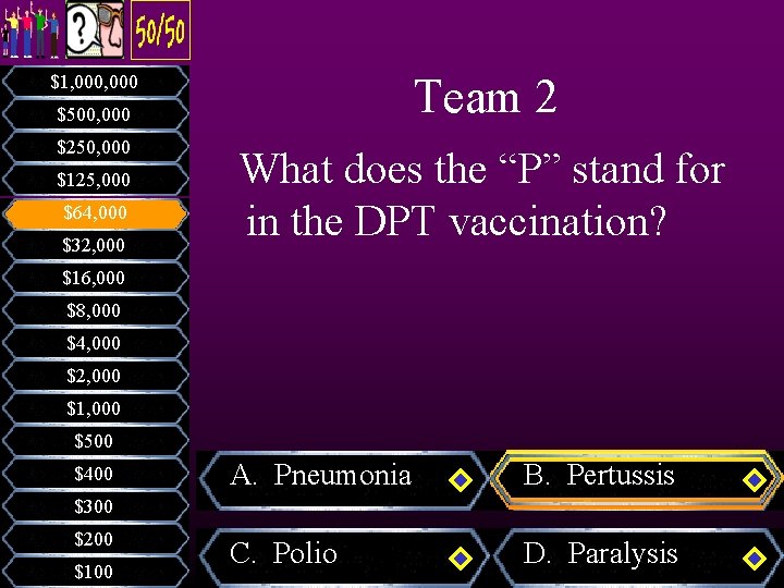Team 2 $1, 000 $500, 000 $250, 000 $125, 000 $64, 000 $32, 000 Team 2 $1, 000 $500, 000 $250, 000 $125, 000 $64, 000 $32, 000