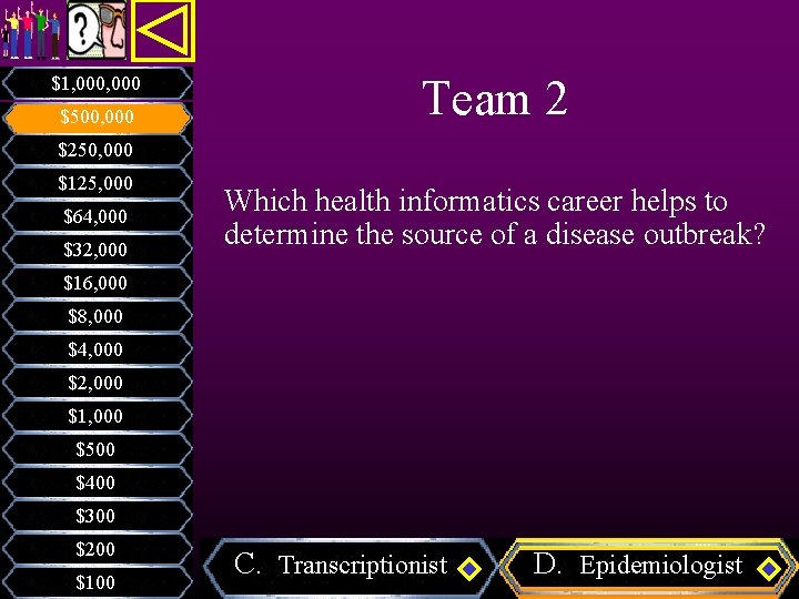 $1, 000 $500, 000 Team 2 $250, 000 $125, 000 $64, 000 $32, 000 $1, 000 $500, 000 Team 2 $250, 000 $125, 000 $64, 000 $32, 000