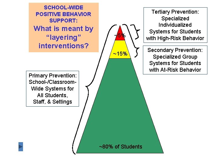 SCHOOL-WIDE POSITIVE BEHAVIOR SUPPORT: What is meant by “layering” interventions? ~5% ~15% Primary Prevention: