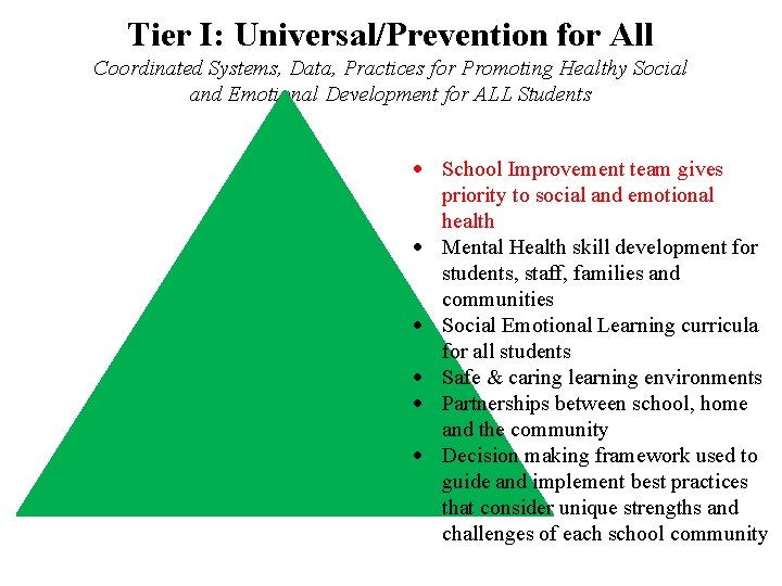 Tier I: Universal/Prevention for All Coordinated Systems, Data, Practices for Promoting Healthy Social and