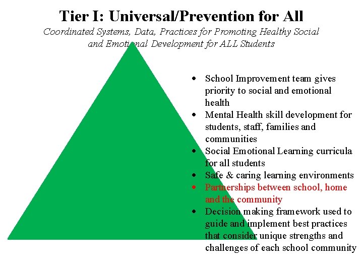 Tier I: Universal/Prevention for All Coordinated Systems, Data, Practices for Promoting Healthy Social and