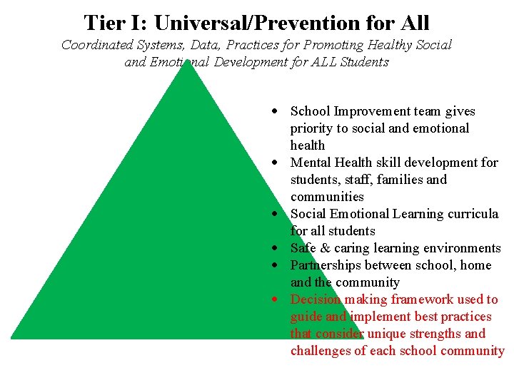 Tier I: Universal/Prevention for All Coordinated Systems, Data, Practices for Promoting Healthy Social and