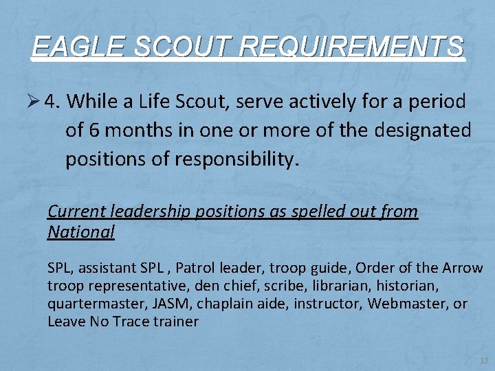 EAGLE SCOUT REQUIREMENTS Ø 4. While a Life Scout, serve actively for a period