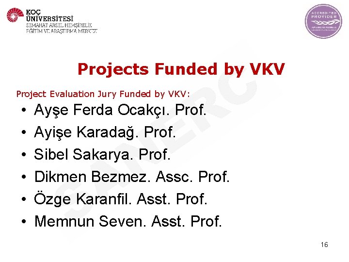 Projects Funded by VKV Project Evaluation Jury Funded by VKV: • • • Ayşe