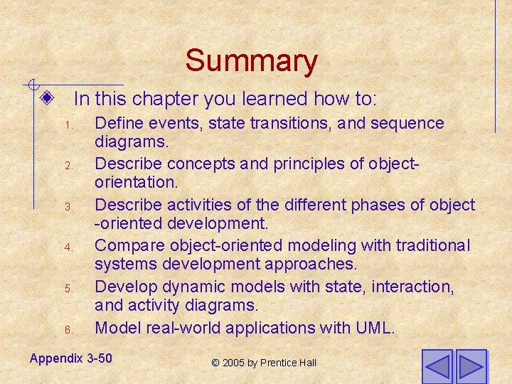Summary In this chapter you learned how to: 1. 2. 3. 4. 5. 6.