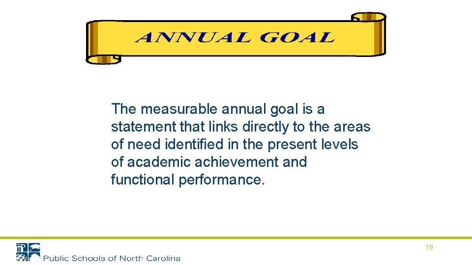 The measurable annual goal is a statement that links directly to the areas of