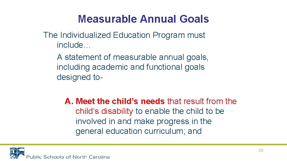 Measurable Annual Goals The Individualized Education Program must include… A statement of measurable annual