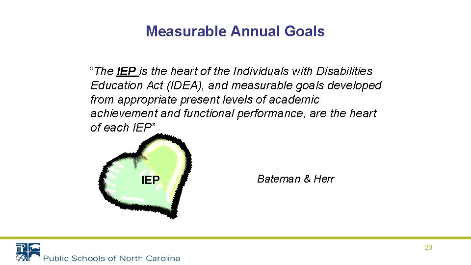 Measurable Annual Goals “The IEP is the heart of the Individuals with Disabilities Education