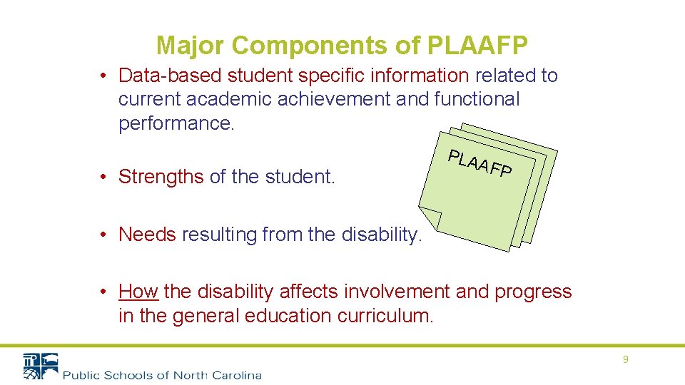 Major Components of PLAAFP • Data-based student specific information related to current academic achievement