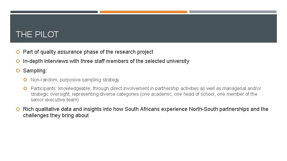 THE PILOT Part of quality assurance phase of the research project In-depth interviews with