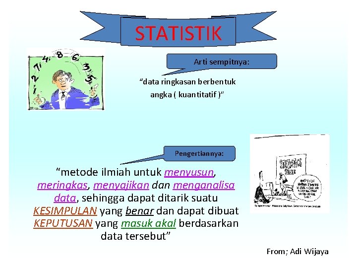 STATISTIK Arti sempitnya: “data ringkasan berbentuk angka ( kuantitatif )” Pengertiannya: “metode ilmiah untuk
